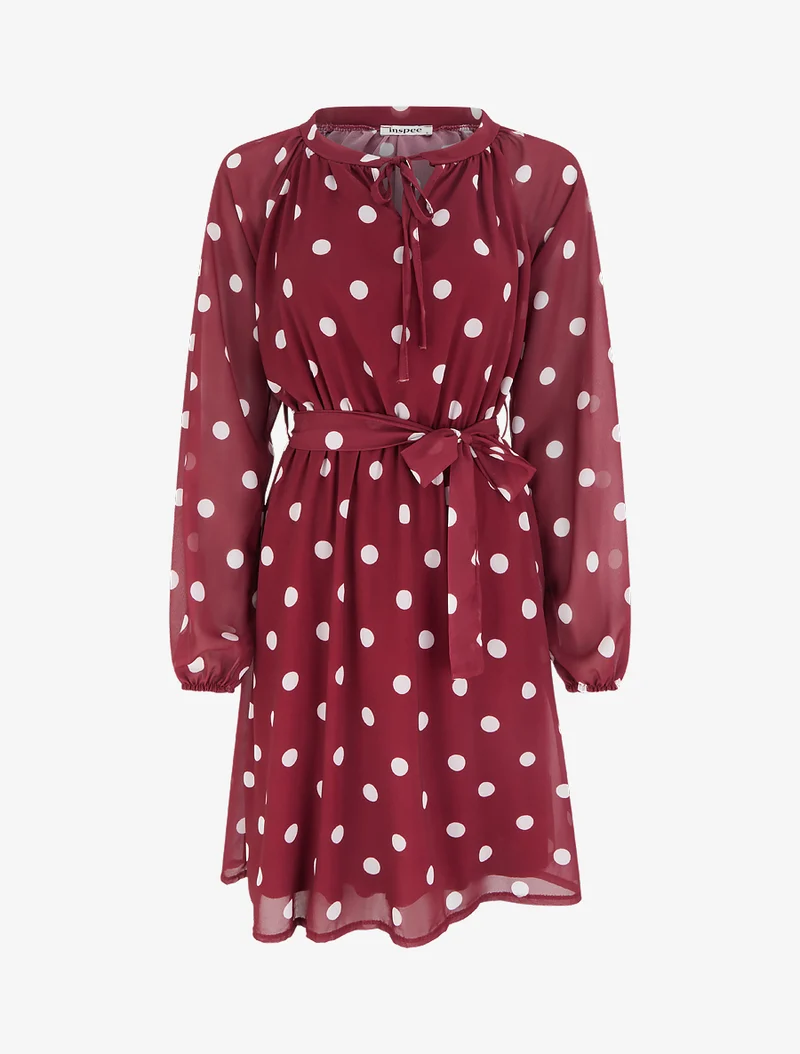 Robe à pois évasée à manches longues - Bordeaux
