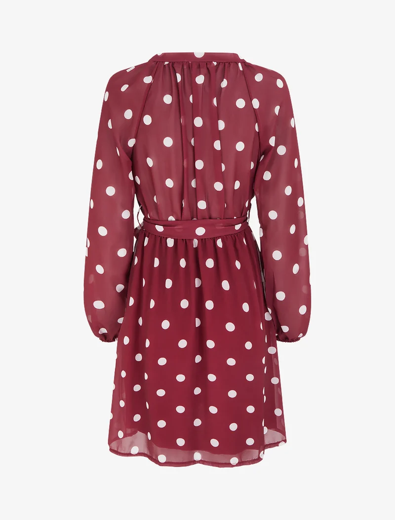 Robe à pois évasée à manches longues - Bordeaux