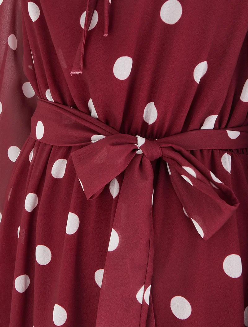 Robe à pois évasée à manches longues - Bordeaux