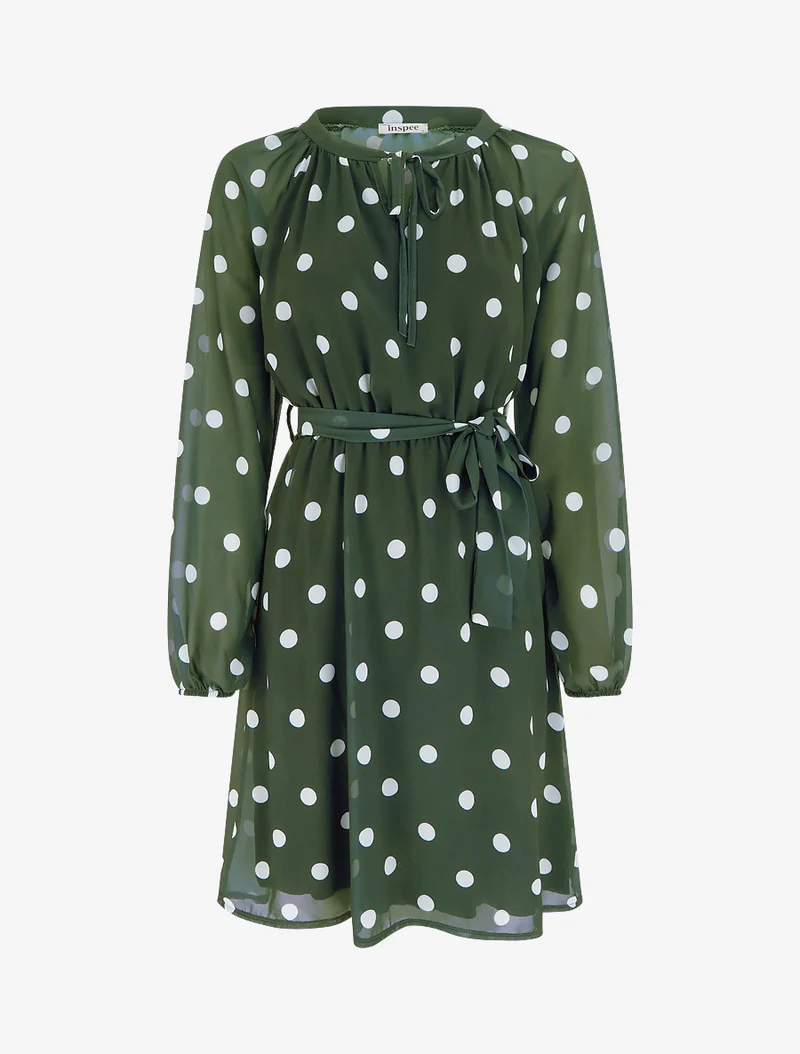 Robe à pois évasée à manches longues - Kaki