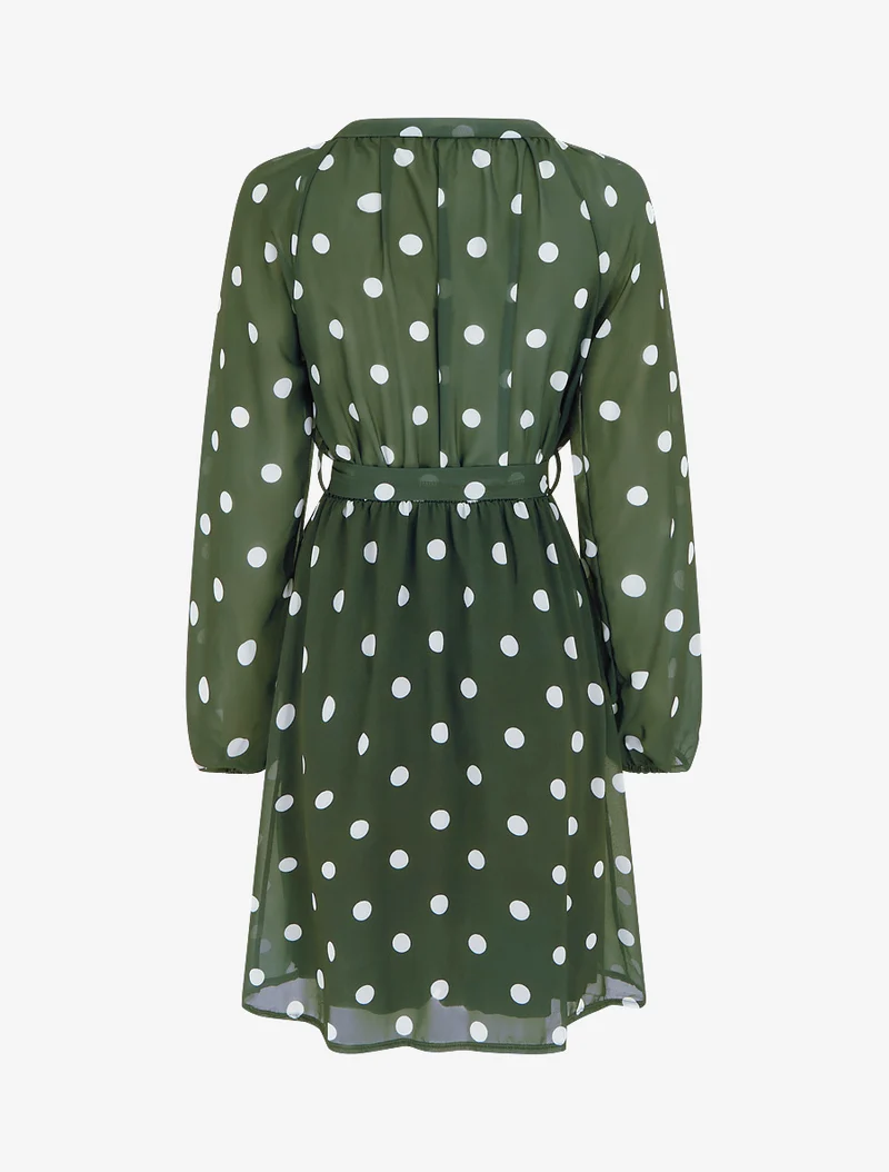 Robe à pois évasée à manches longues - Kaki