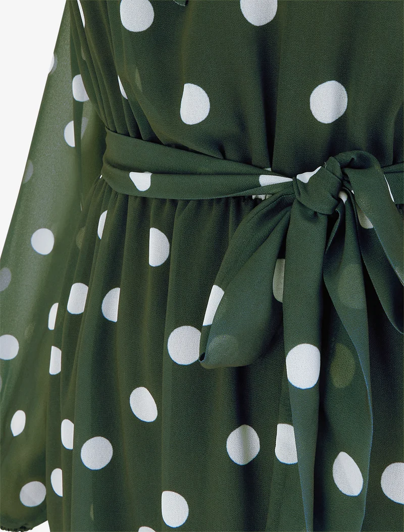 Robe à pois évasée à manches longues - Kaki