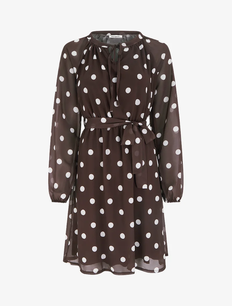 Robe à pois évasée à manches longues - Marron