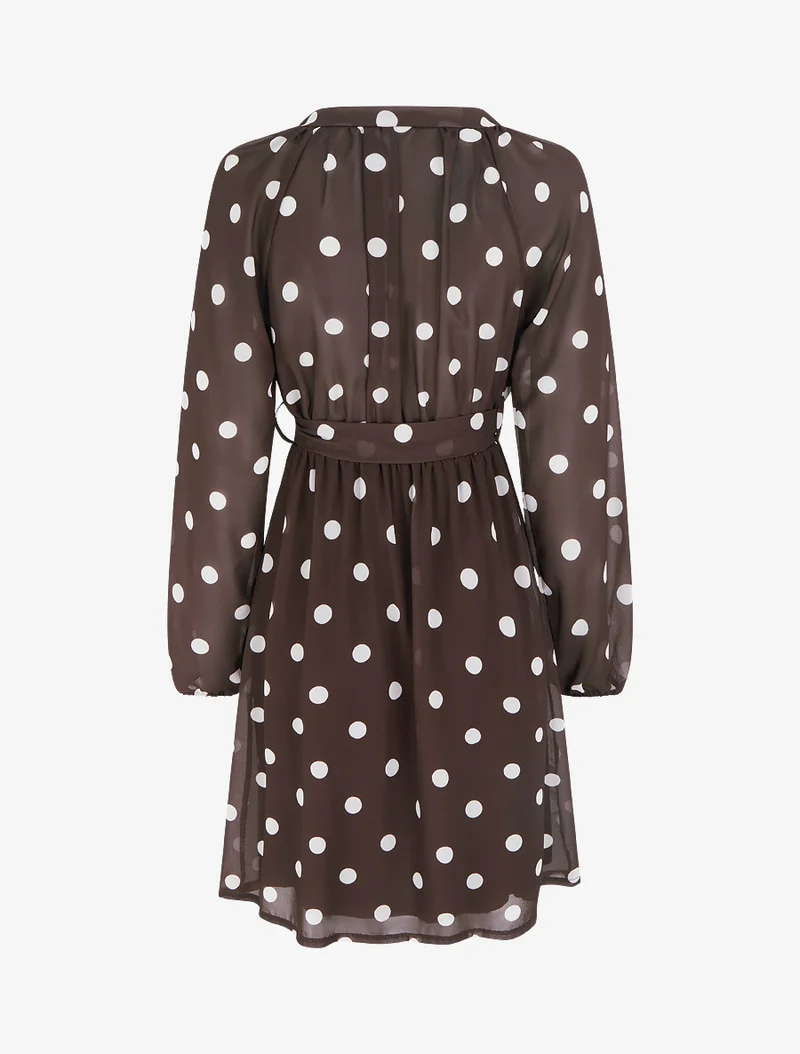 Robe à pois évasée à manches longues - Marron