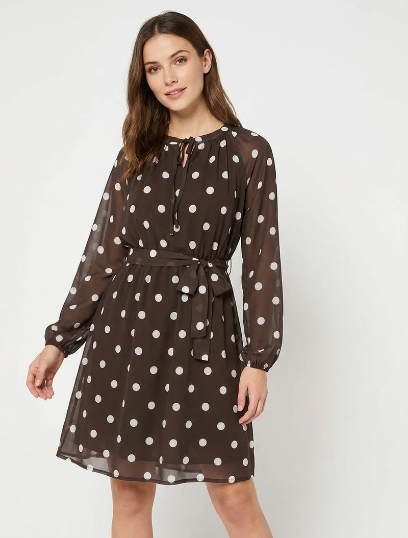 Robe à pois évasée à manches longues - Marron