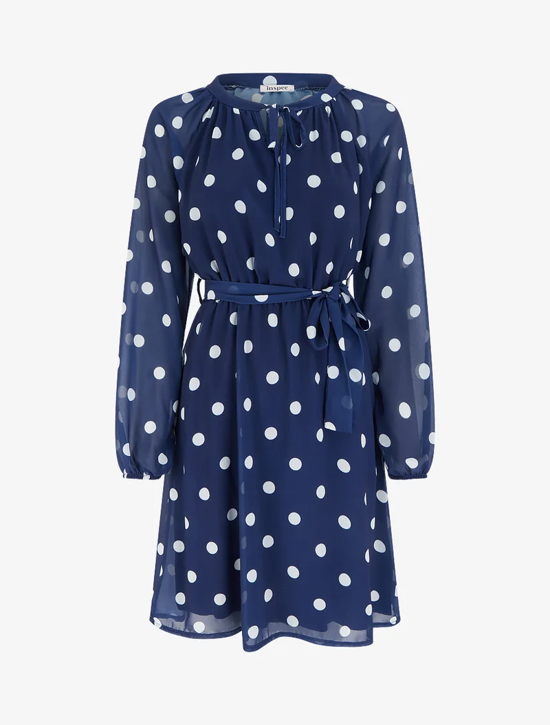 Robe à pois évasée à manches longues - Marine