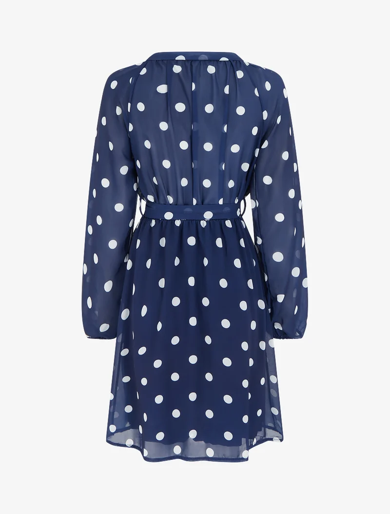 Robe à pois évasée à manches longues - Marine