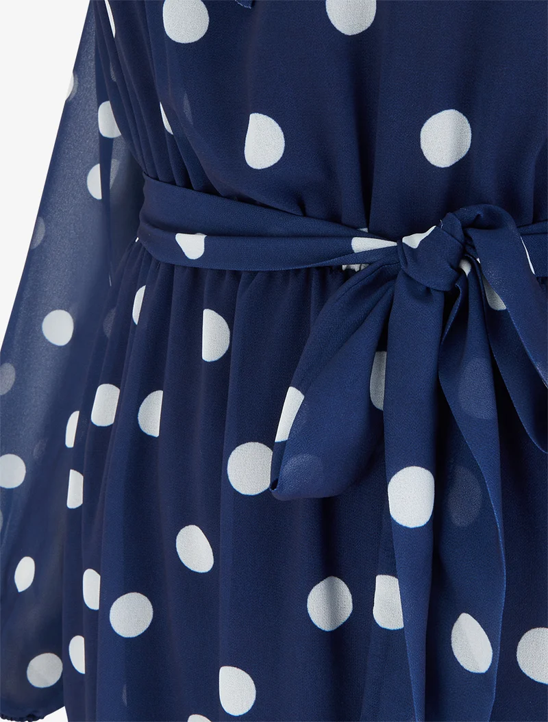 Robe à pois évasée à manches longues - Marine