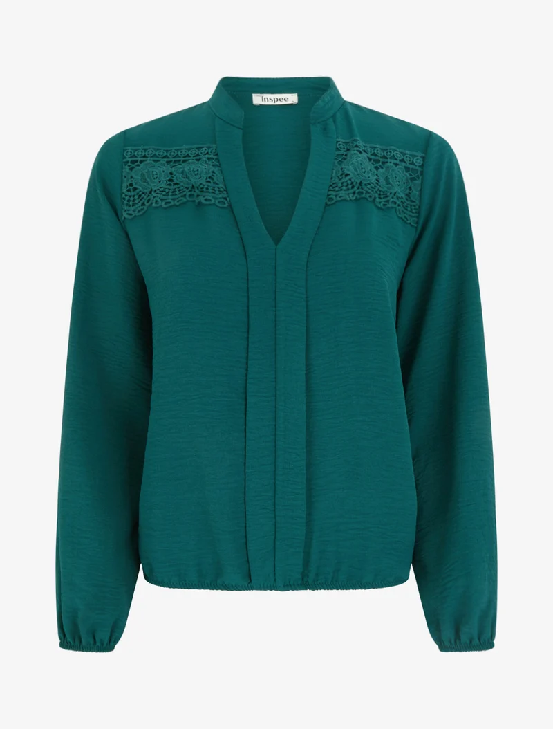 Top boule à col V et dentelle - Vert sapin