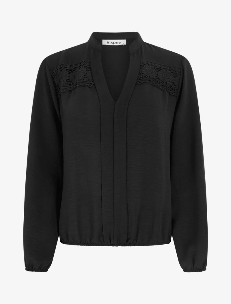 Top boule à col V et dentelle - Noir