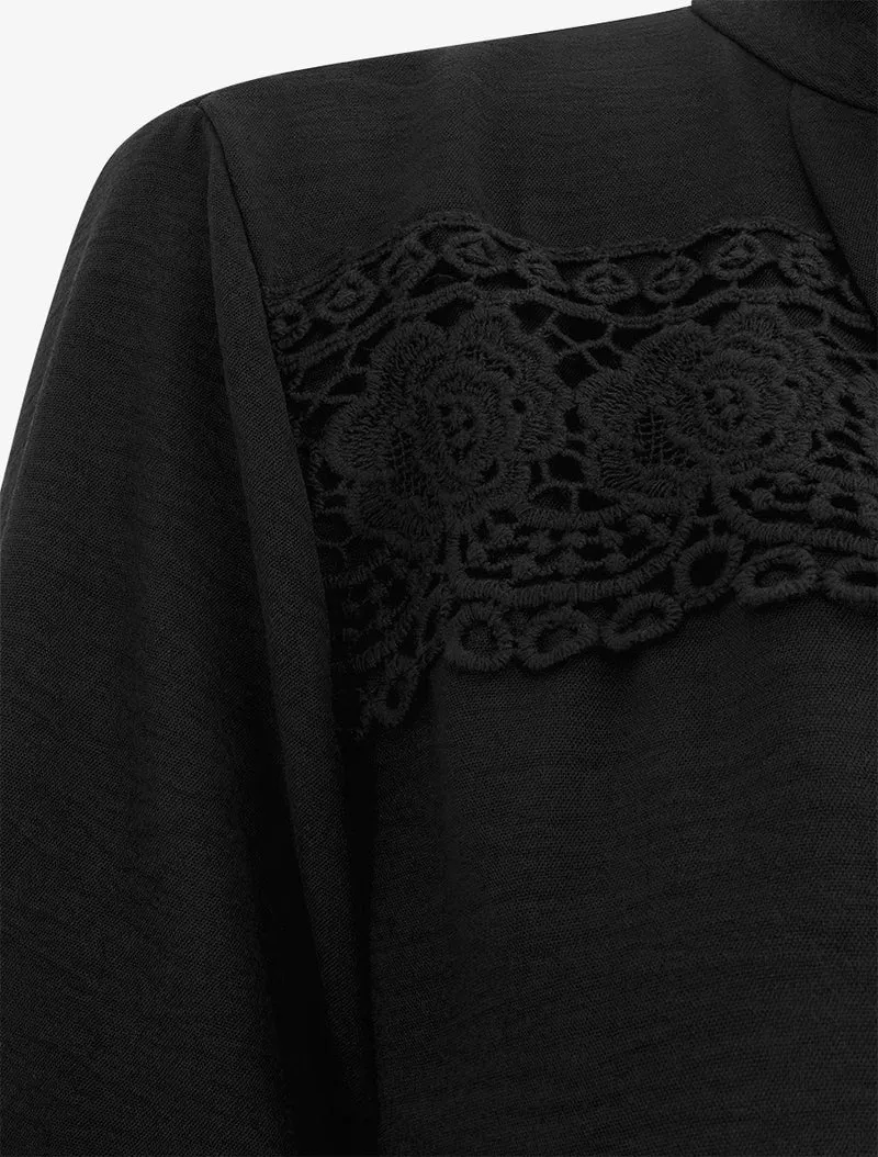 Top boule à col V et dentelle - Noir