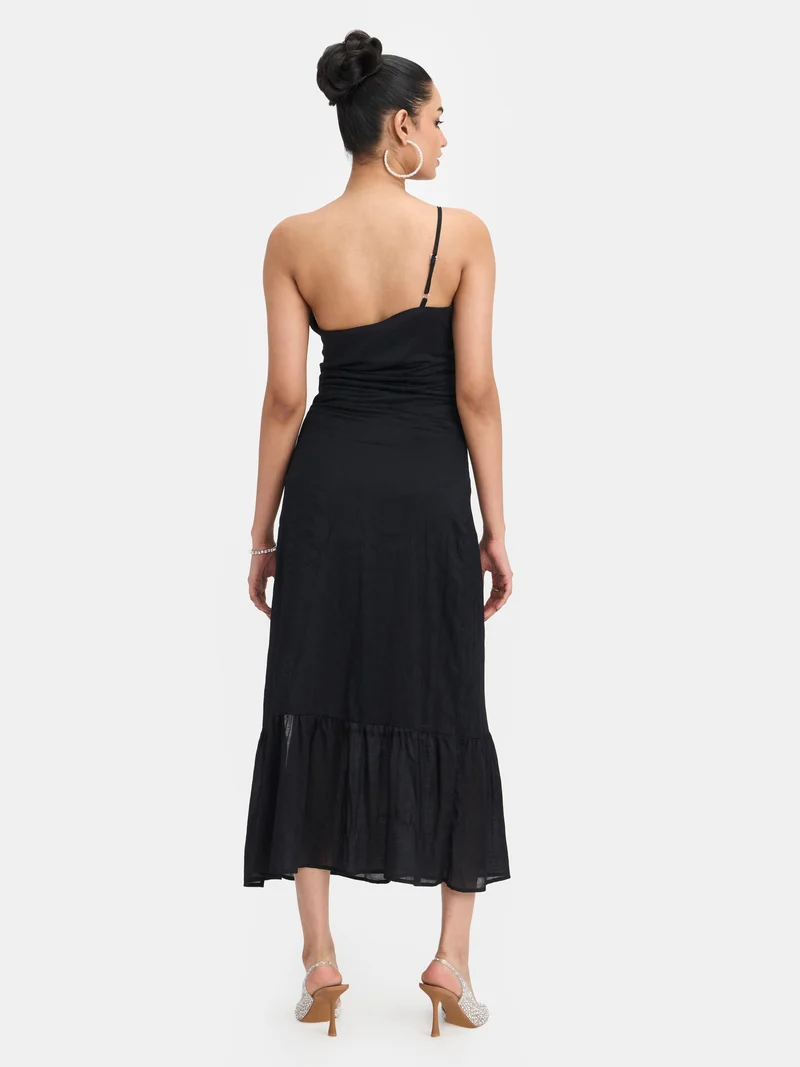 Sol|100% Viscose Jacquard One Shoulder Maxi Dress