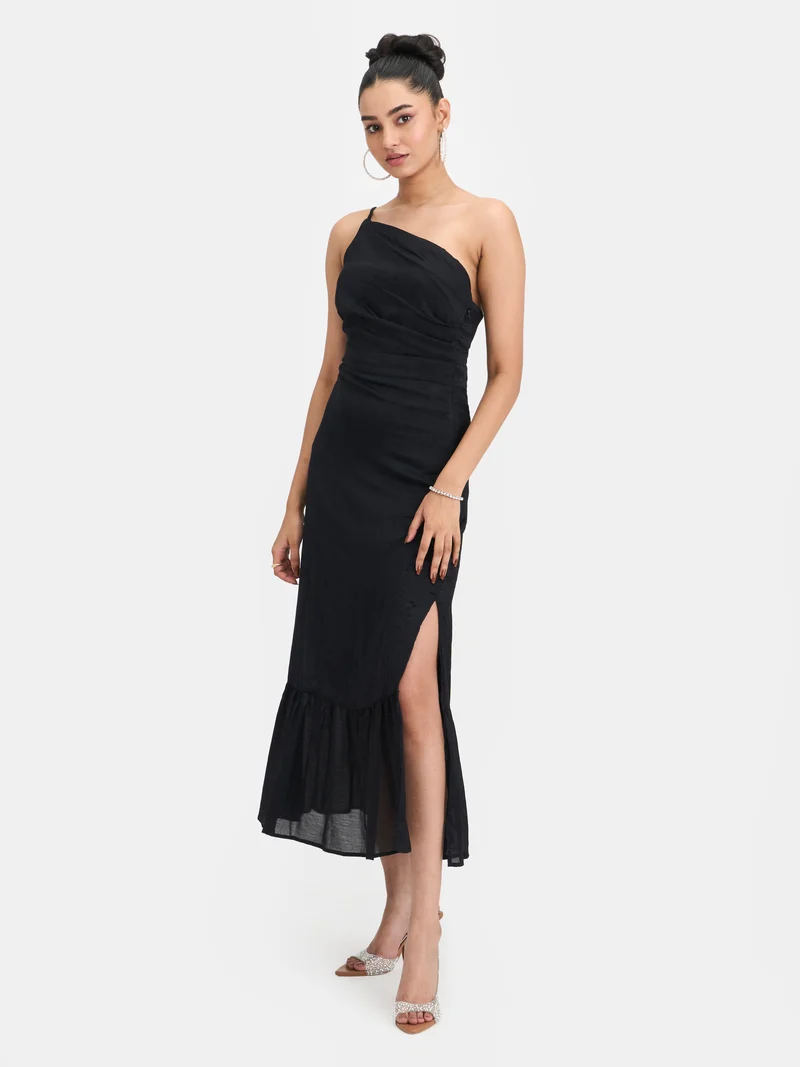 Sol|100% Viscose Jacquard One Shoulder Maxi Dress