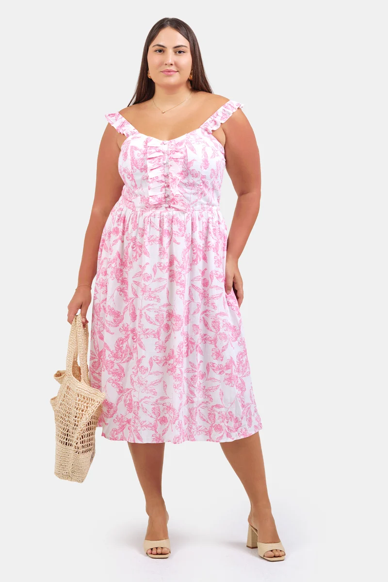 Sevgi|Linen Floral Ruffle Midi Dress