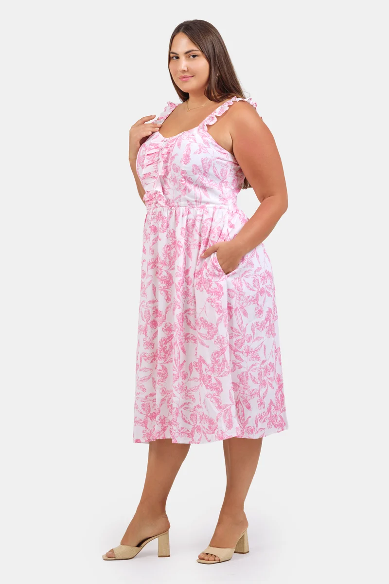 Sevgi|Linen Floral Ruffle Midi Dress