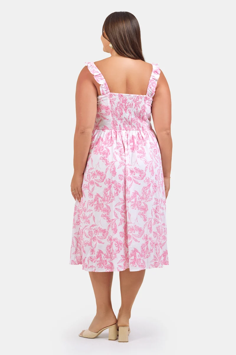 Sevgi|Linen Floral Ruffle Midi Dress