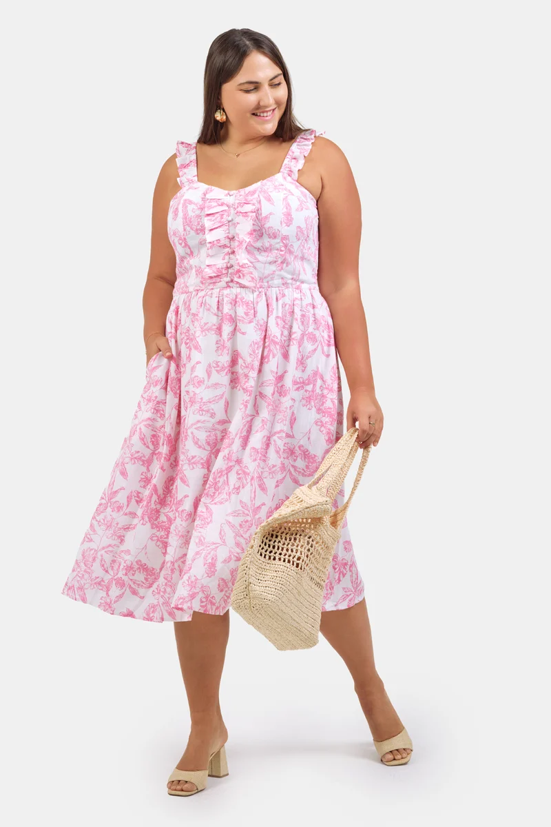 Sevgi|Linen Floral Ruffle Midi Dress
