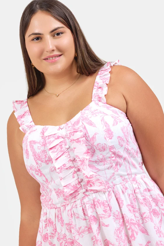 Sevgi|Linen Floral Ruffle Midi Dress