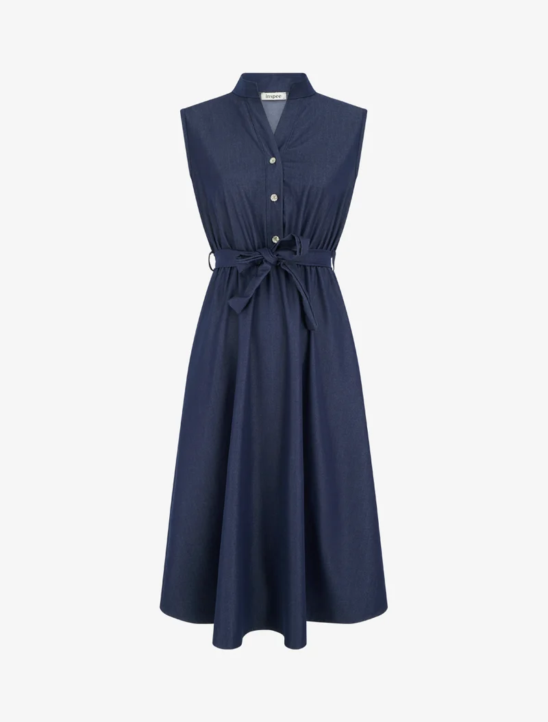 Robe unie élastiquée à buste boutonné - Bleu brut