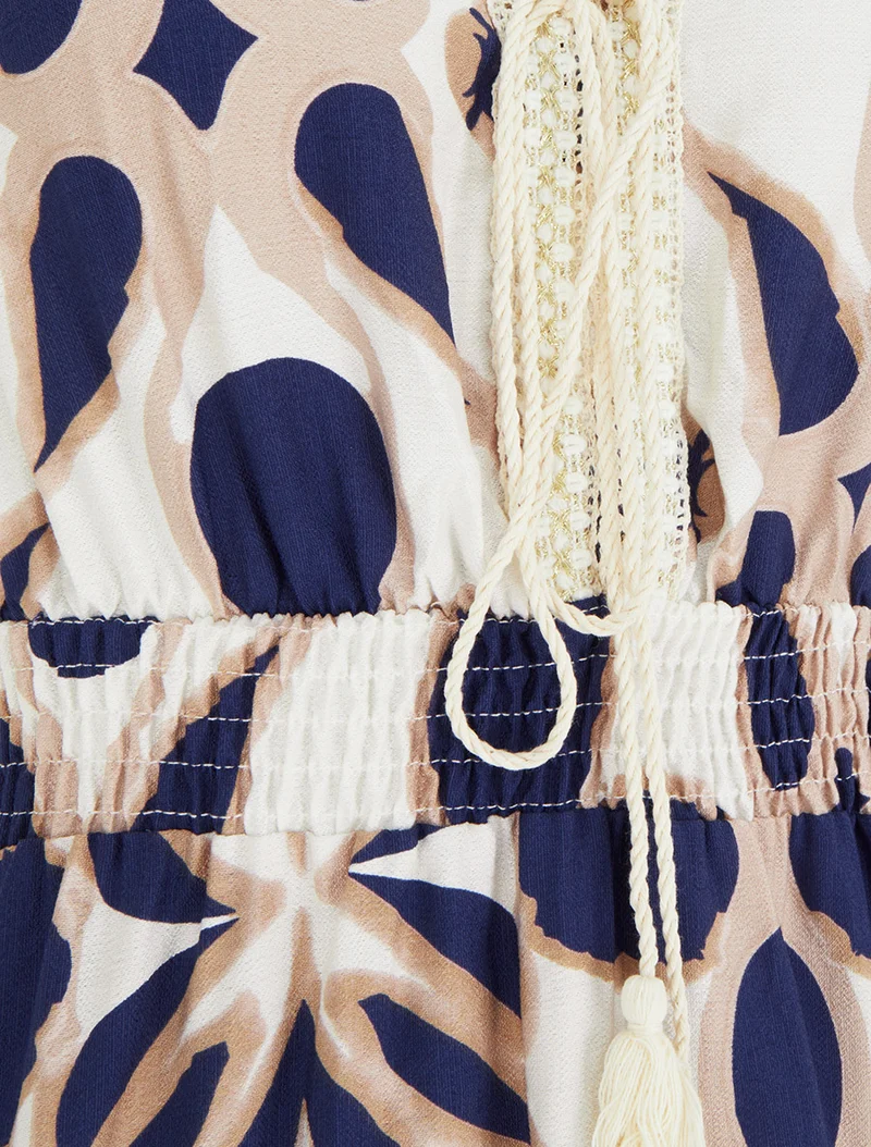 Robe à imprimé fantaisie et col en crochet - Marine