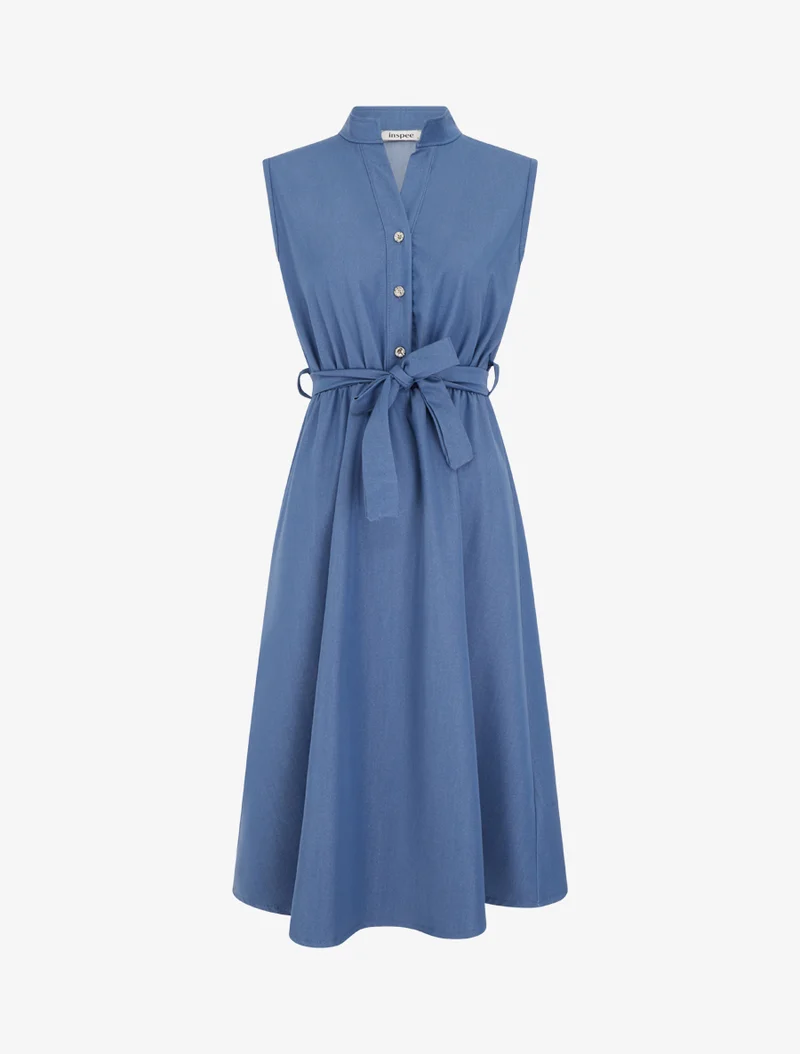 Robe unie élastiquée à buste boutonné - Bleu