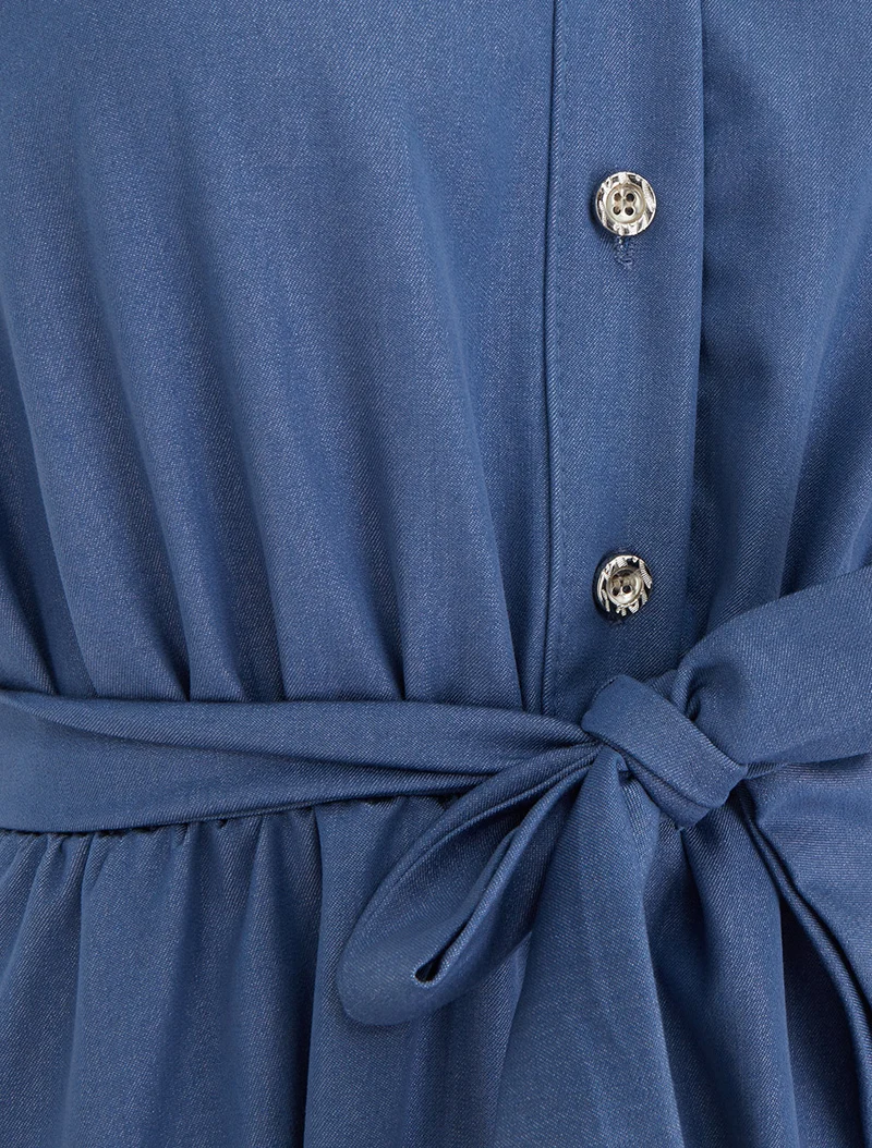 Robe unie élastiquée à buste boutonné - Bleu