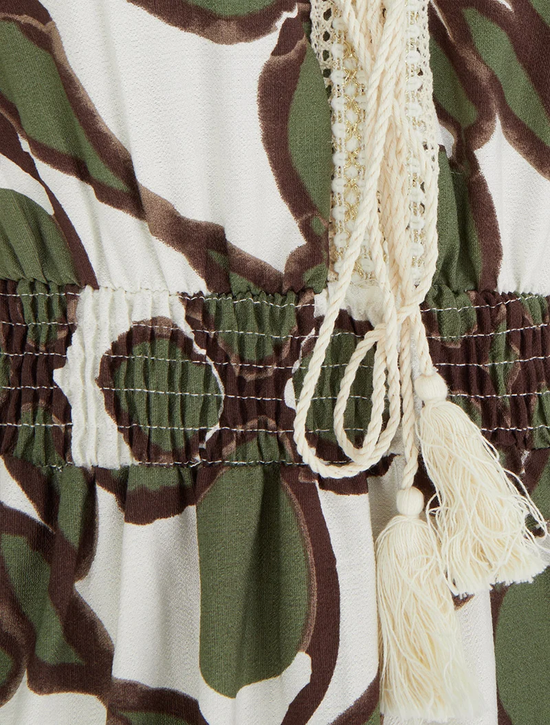 Robe à imprimé fantaisie et col en crochet - Kaki