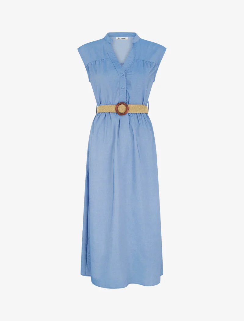 Robe longue sans manches à col boutonné - Bleu clair