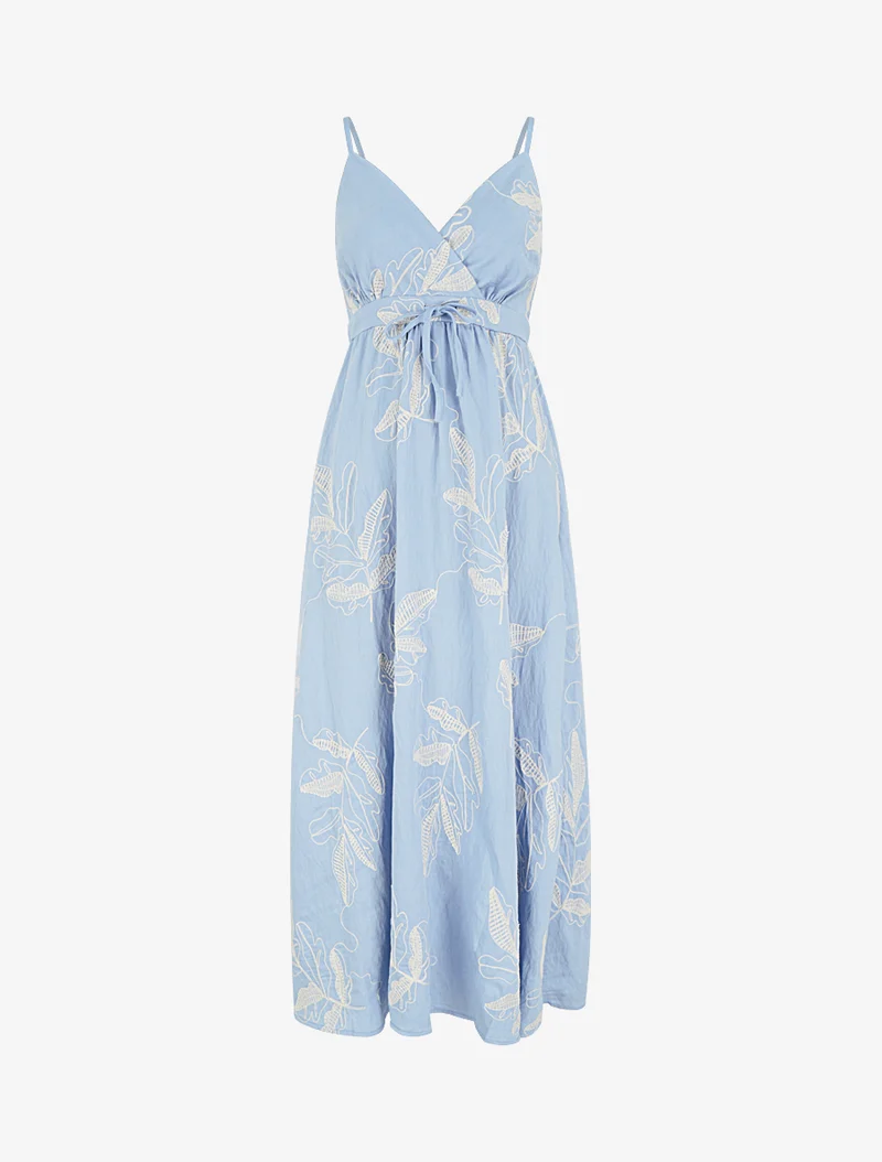 Robe longue empire à broderies feuilles stylisées - Bleu ciel