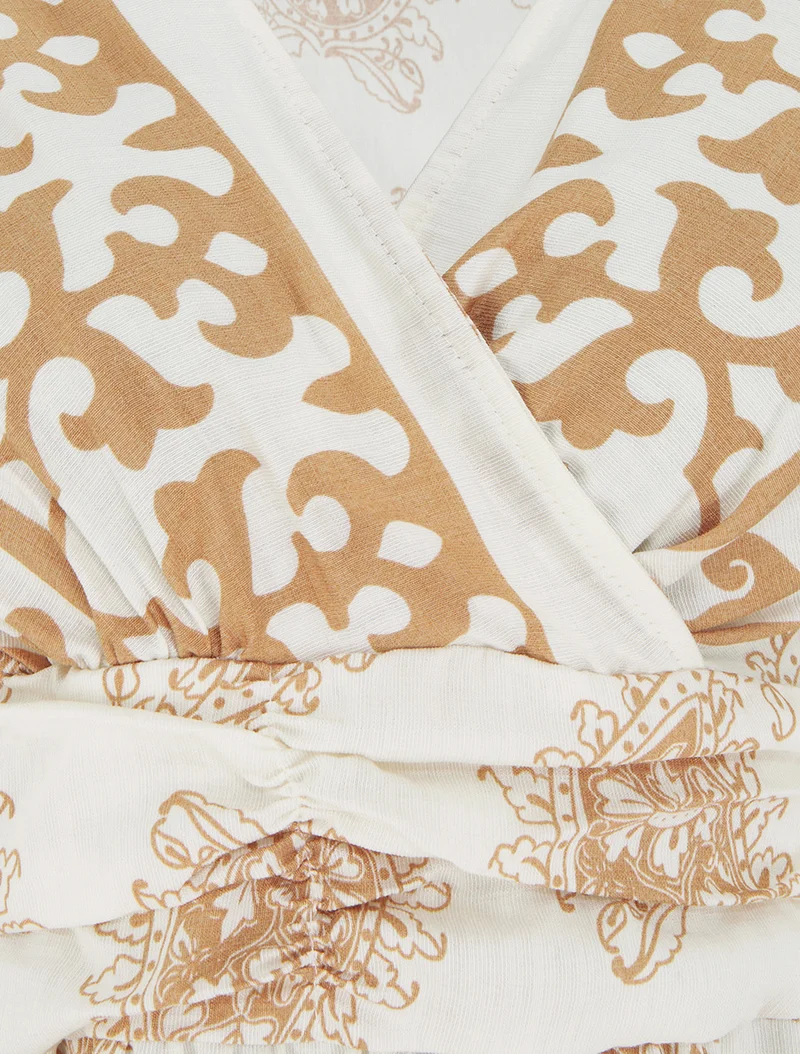 Robe imprimé foulard à col cache-coeur - Camel