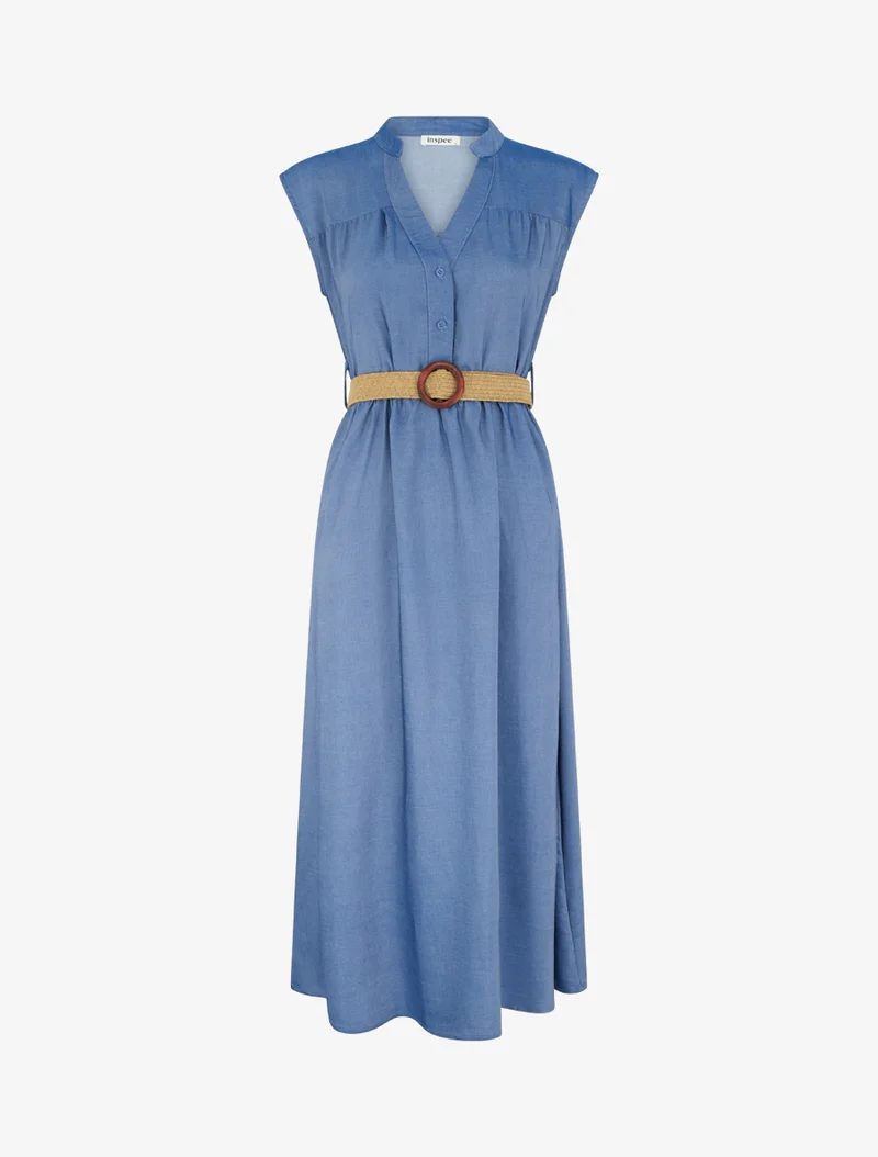 Robe longue sans manches à col boutonné - Bleu foncé
