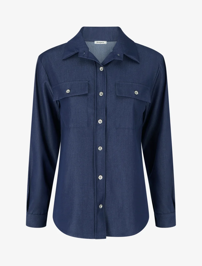 Chemise unie fluide à poches - Bleu brut