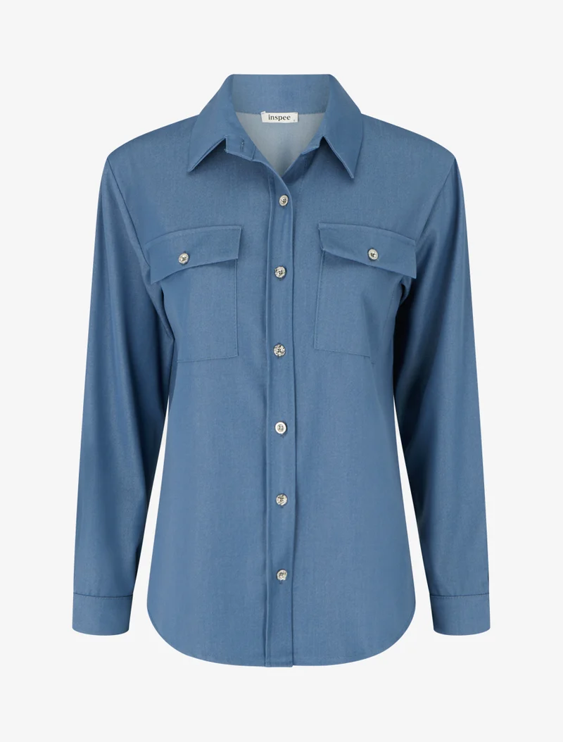 Chemise unie fluide à poches - Bleu