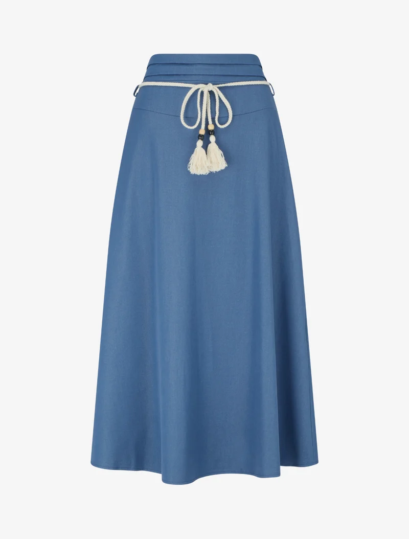 Jupe longue élastiquée à ceinture - Bleu denim