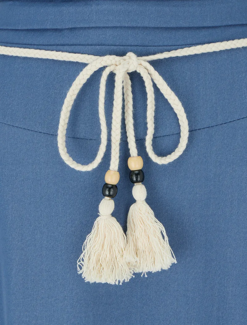 Jupe longue élastiquée à ceinture - Bleu denim