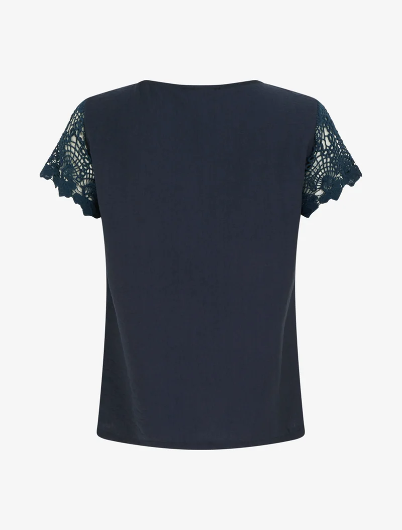 Top droit manches courtes en dentelle - Marine