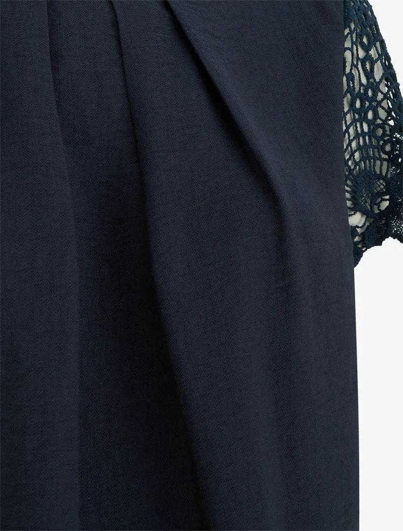Top droit manches courtes en dentelle - Marine