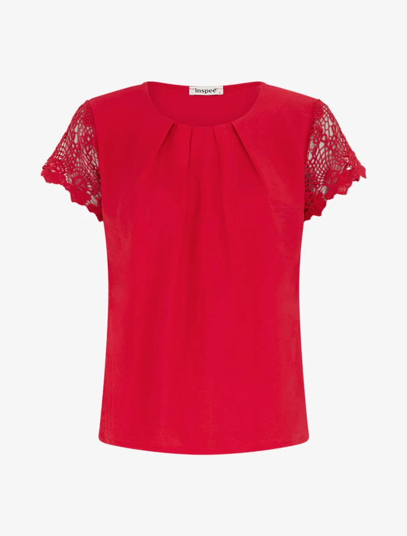 Top droit manches courtes en dentelle - Rouge