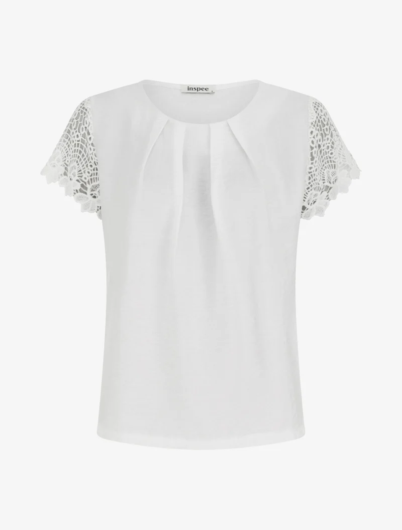 Top droit manches courtes en dentelle - Blanc