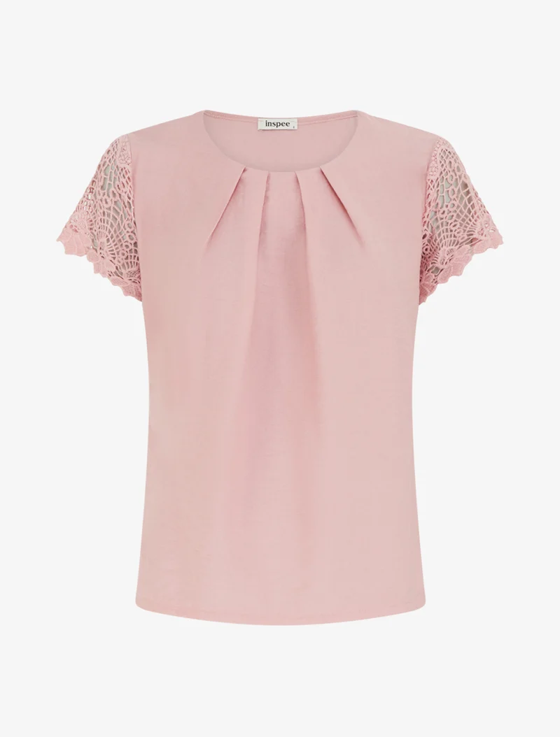Top droit manches courtes en dentelle - Rose