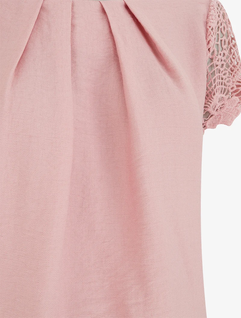 Top droit manches courtes en dentelle - Rose