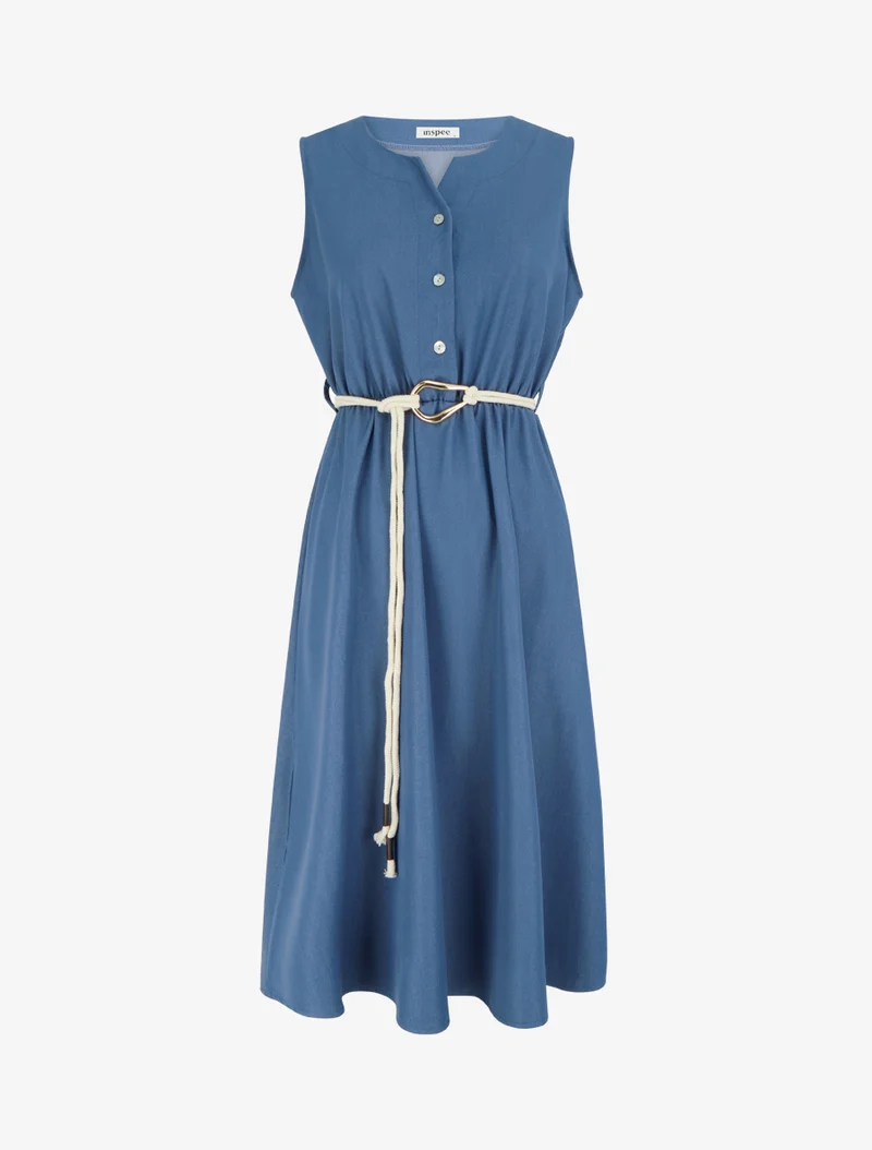 Robe longue unie à taille élastiquée - Bleu
