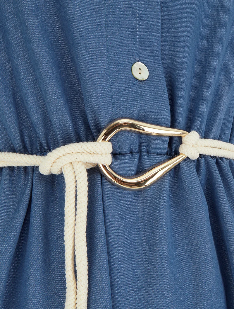 Robe longue unie à taille élastiquée - Bleu