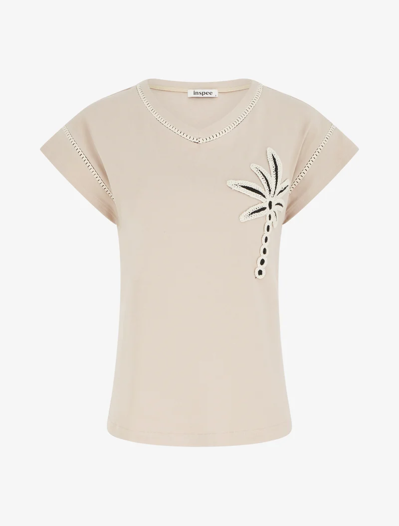 T-shirt manches courtes à palmier brodé - Beige