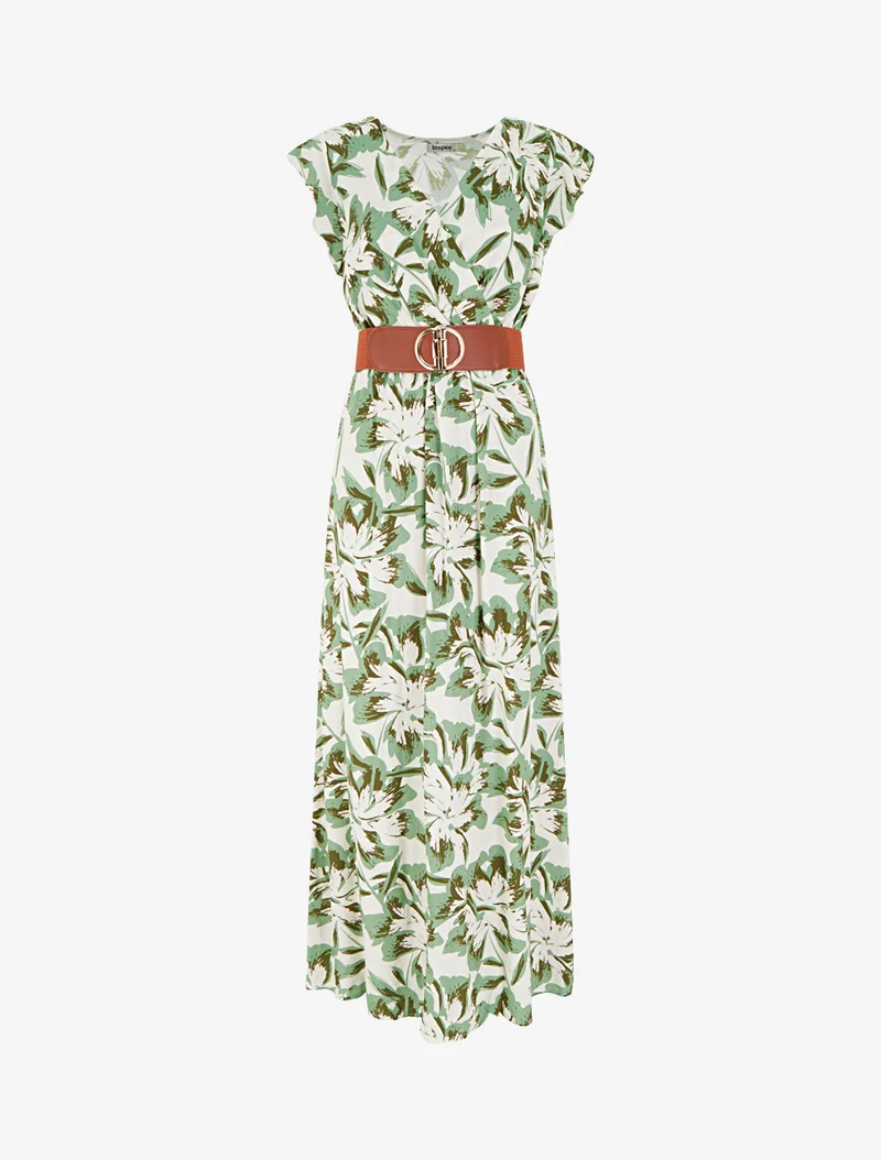 Robe longue fleurie à mancherons volantés - Vert