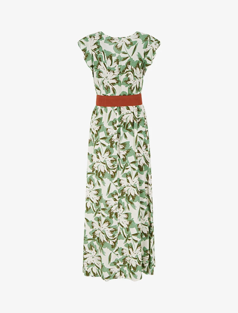 Robe longue fleurie à mancherons volantés - Vert