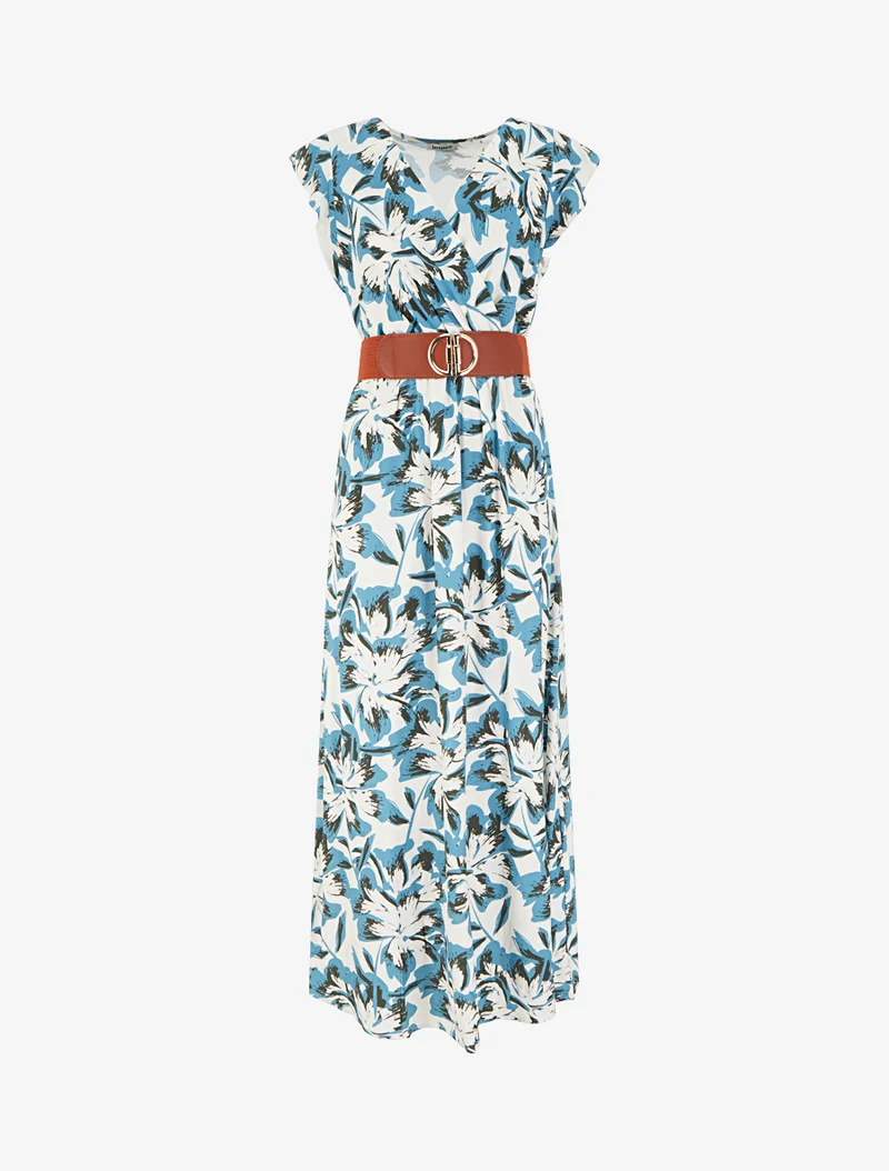 Robe longue fleurie à mancherons volantés - Bleu