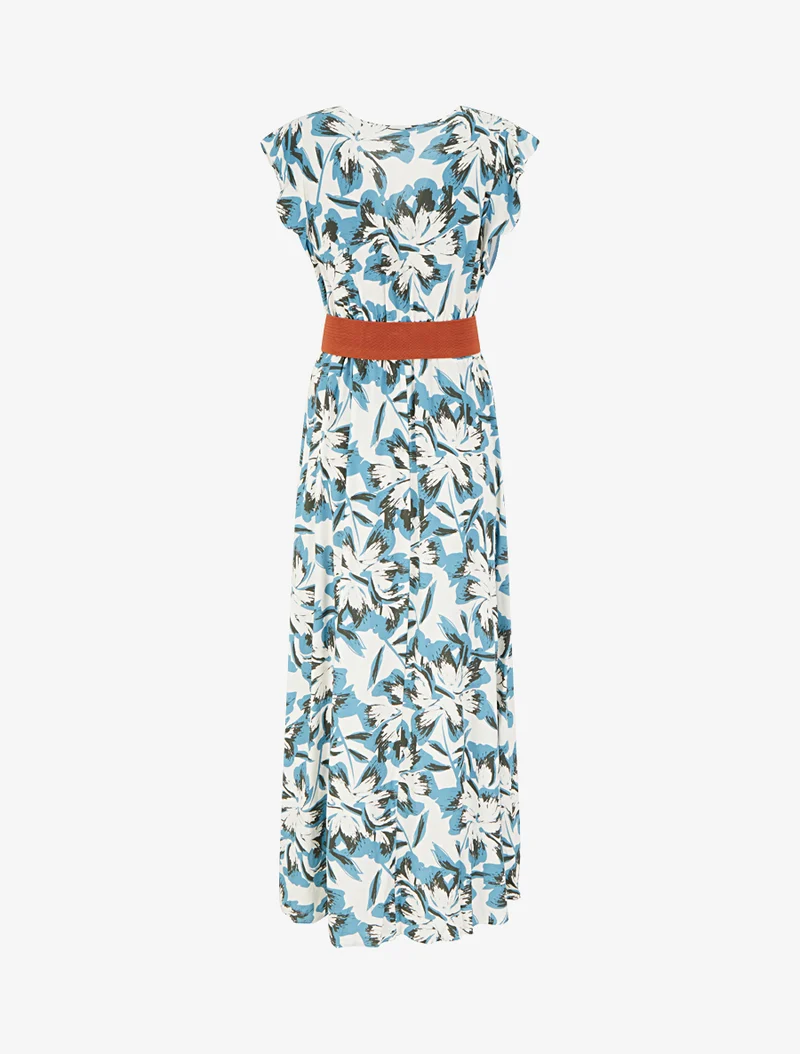 Robe longue fleurie à mancherons volantés - Bleu