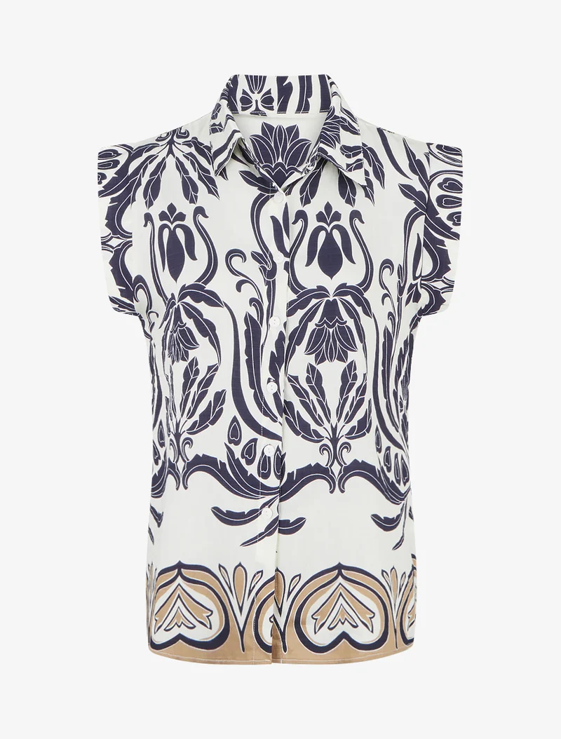 Chemise droite sans manches motif arabesque - Marine