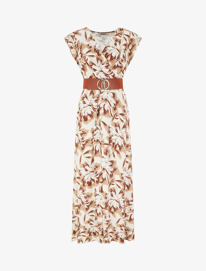 Robe longue fleurie à mancherons volantés - Marron